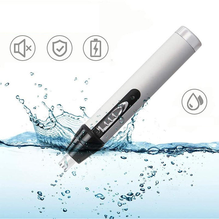 "Elegant elektrisk 4-i-1 näshårstrimmer i silver för män och kvinnor, modell avsedd för effektiv personlig vård."