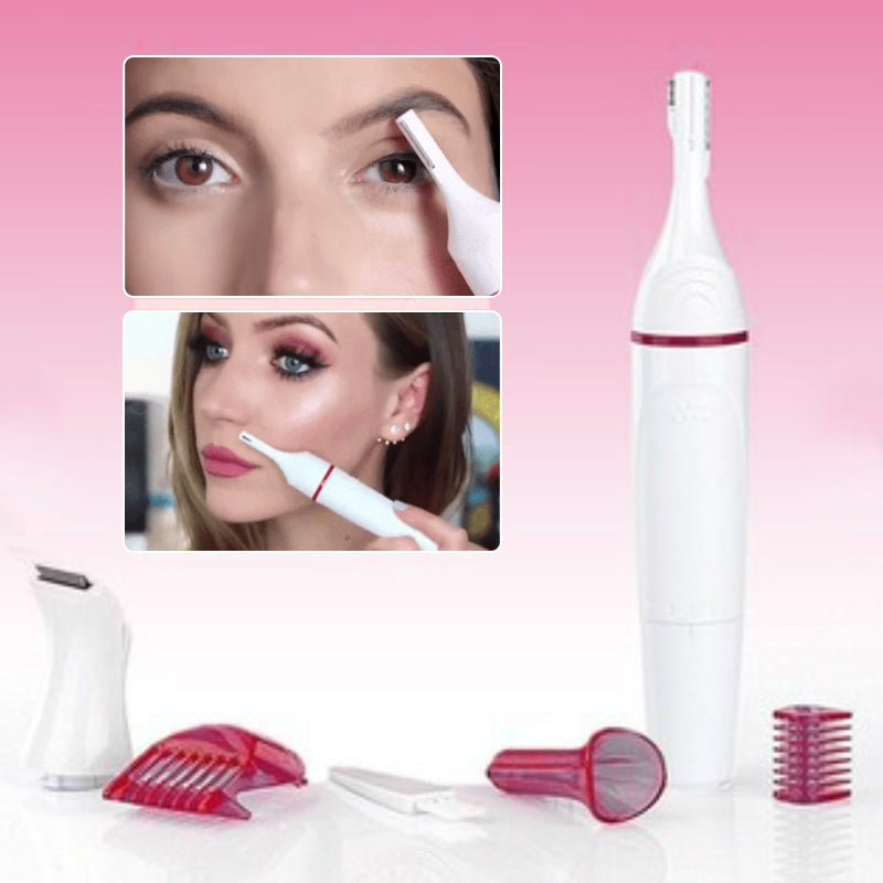 "Elegant, ergonomisk unisex 5-i-1 uppladdningsbar epilator i vit och röd, för smärtfri hårborttagning hemma."