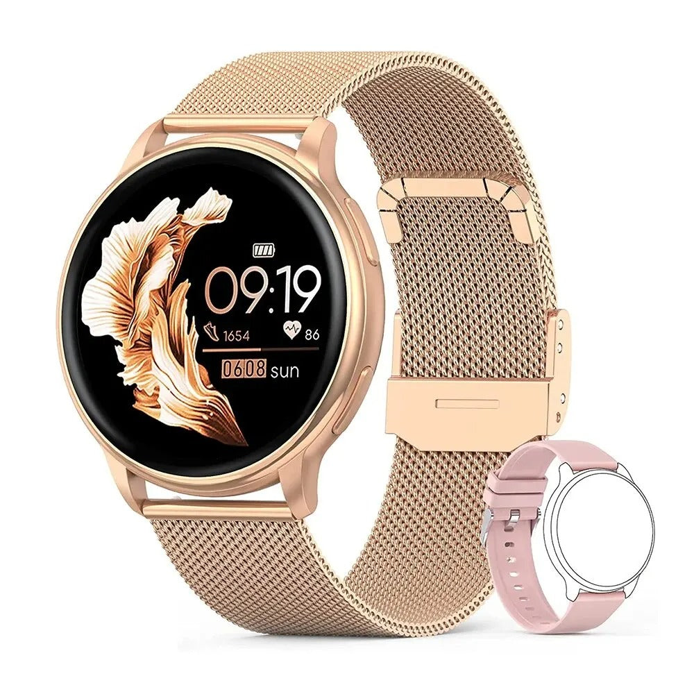 "Elegant fitness tracker-klocka för kvinnor med Bluetooth och anpassningsbar urtavla. Stilren design i silverfärg."