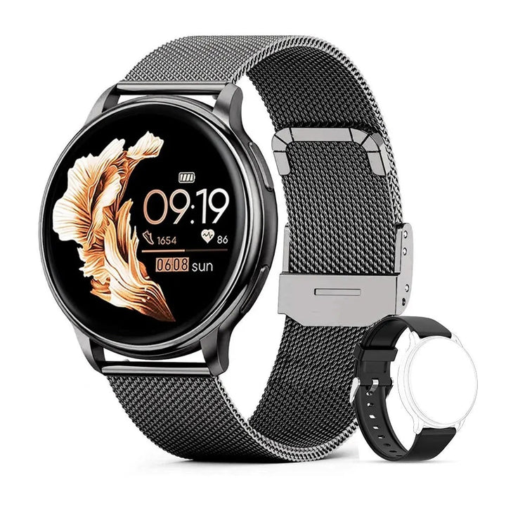 "Elegant fitness tracker-klocka för kvinnor med Bluetooth och anpassningsbar urtavla. Stilren design i silverfärg."