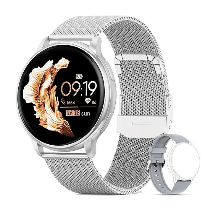 "Elegant fitness tracker-klocka för kvinnor med Bluetooth och anpassningsbar urtavla. Stilren design i silverfärg."