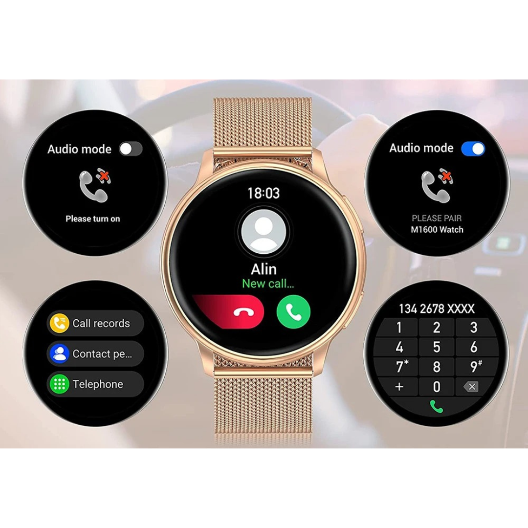 "Elegant fitness tracker-klocka för kvinnor med Bluetooth och anpassningsbar urtavla. Stilren design i silverfärg."
