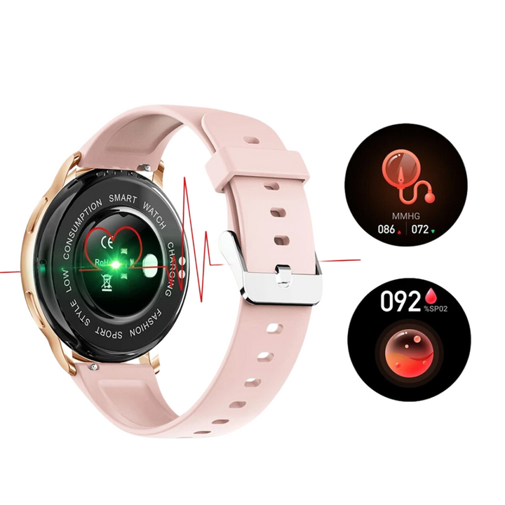 "Elegant fitness tracker-klocka för kvinnor med Bluetooth och anpassningsbar urtavla. Stilren design i silverfärg."