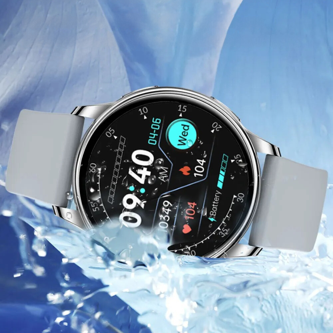 "Elegant fitness tracker-klocka för kvinnor med Bluetooth och anpassningsbar urtavla. Stilren design i silverfärg."