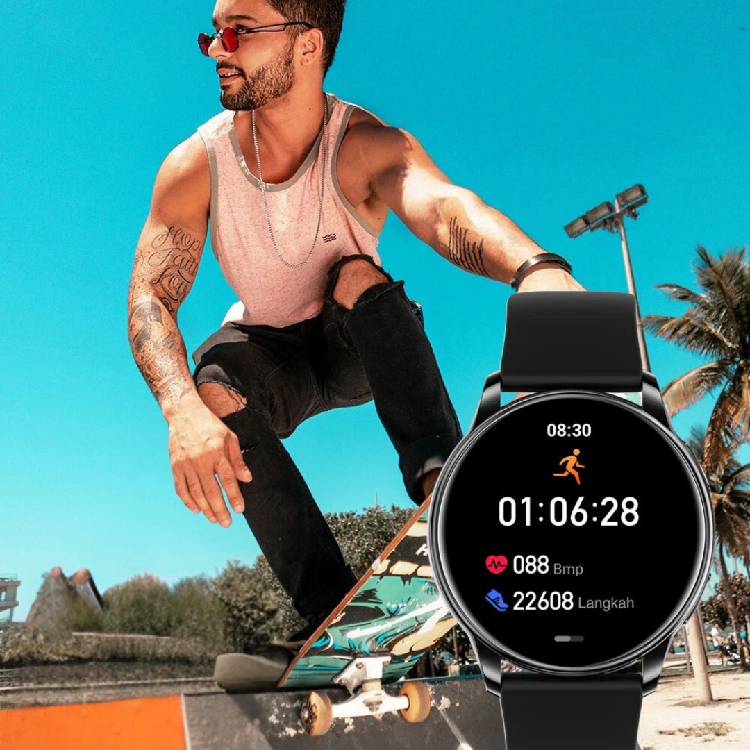 "Elegant fitness tracker-klocka för kvinnor med Bluetooth och anpassningsbar urtavla. Stilren design i silverfärg."