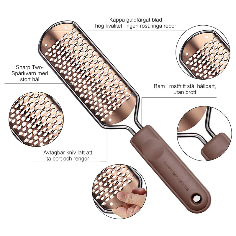 "Elegant fotfil i rostfritt stål för silkeslena fötter, med vågig mönsteryta och ergonomiskt plastgrepp."