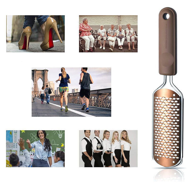 "Elegant fotfil i rostfritt stål för silkeslena fötter, med vågig mönsteryta och ergonomiskt plastgrepp."