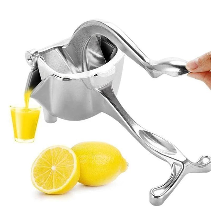 "Elegant fruktjuicepress i glänsande rostfritt stål med rymlig skål, idealisk för färskpressad juice i köket."