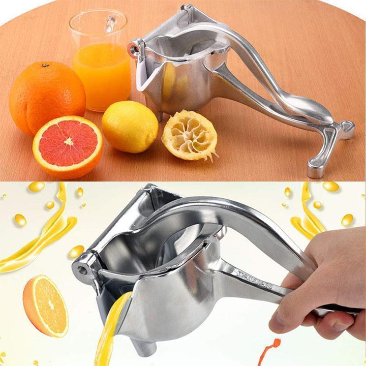 "Elegant fruktjuicepress i glänsande rostfritt stål med rymlig skål, idealisk för färskpressad juice i köket."