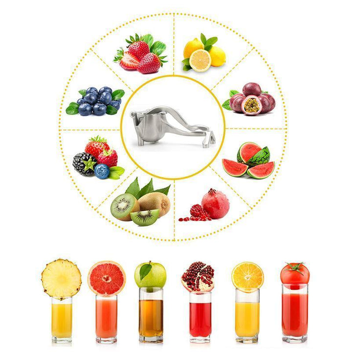 "Elegant fruktjuicepress i glänsande rostfritt stål med rymlig skål, idealisk för färskpressad juice i köket."