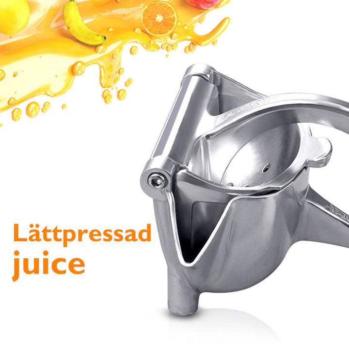"Elegant fruktjuicepress i glänsande rostfritt stål med rymlig skål, idealisk för färskpressad juice i köket."