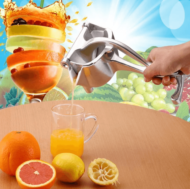 "Elegant fruktjuicepress i glänsande rostfritt stål med rymlig skål, idealisk för färskpressad juice i köket."