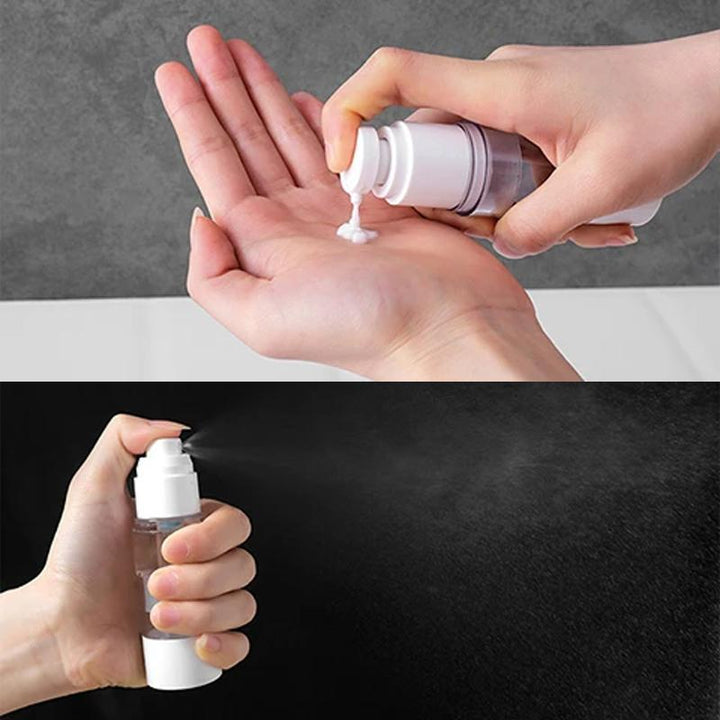 "Elegant genomskinlig pumpflaska för resor, hållbar plast, luftlös design, idealisk för skönhetsprodukter och essenser."