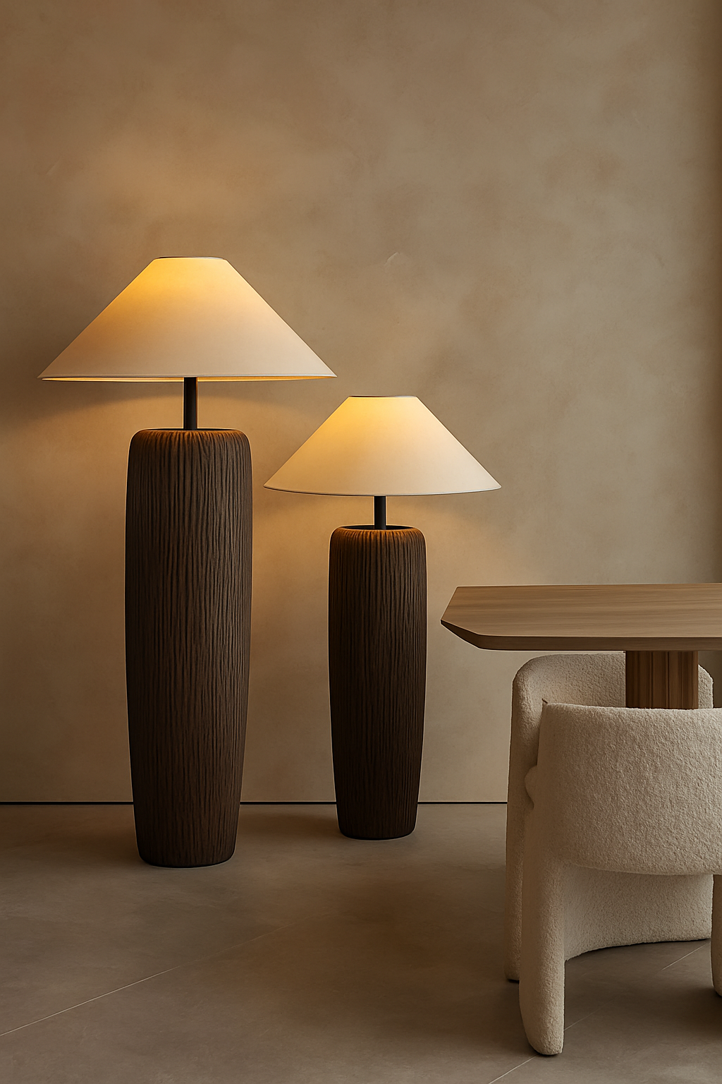 "Elegant golvlampa Savannah med skulptural stentexturfot och naturfärgad textilskärm för mjukt, varmt sken."