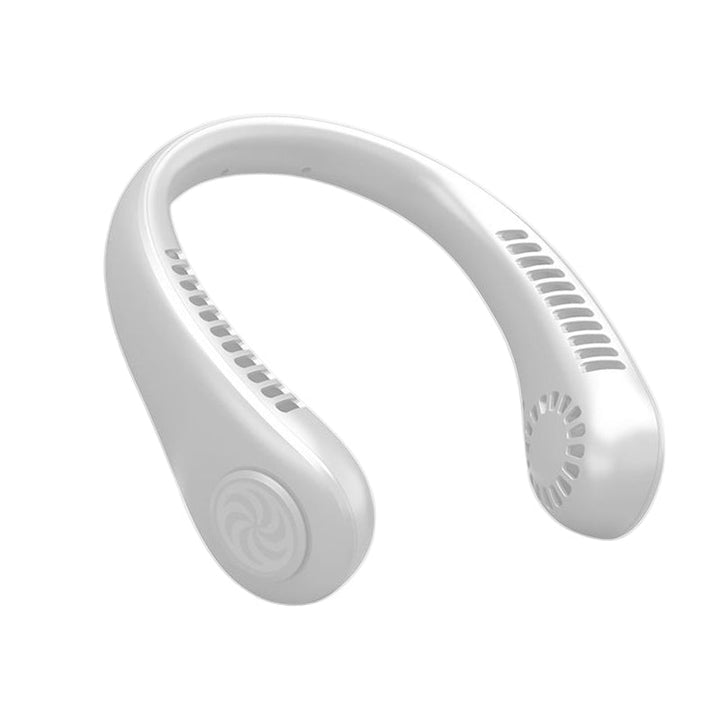 "Elegant, handsfri bärbar nackfläkt, tyst design, ger svalkande bris. Perfekt för sommarbruk, lätt och stilren."