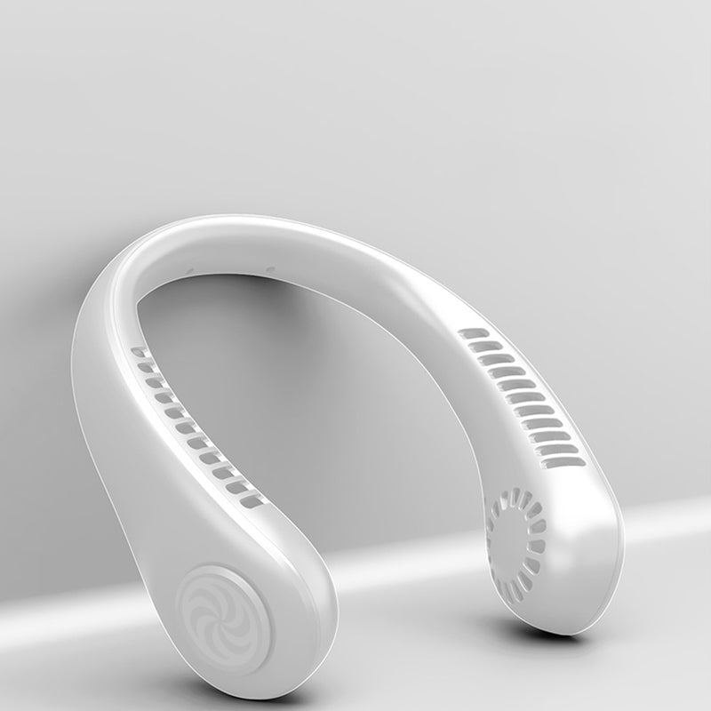 "Elegant, handsfri bärbar nackfläkt, tyst design, ger svalkande bris. Perfekt för sommarbruk, lätt och stilren."