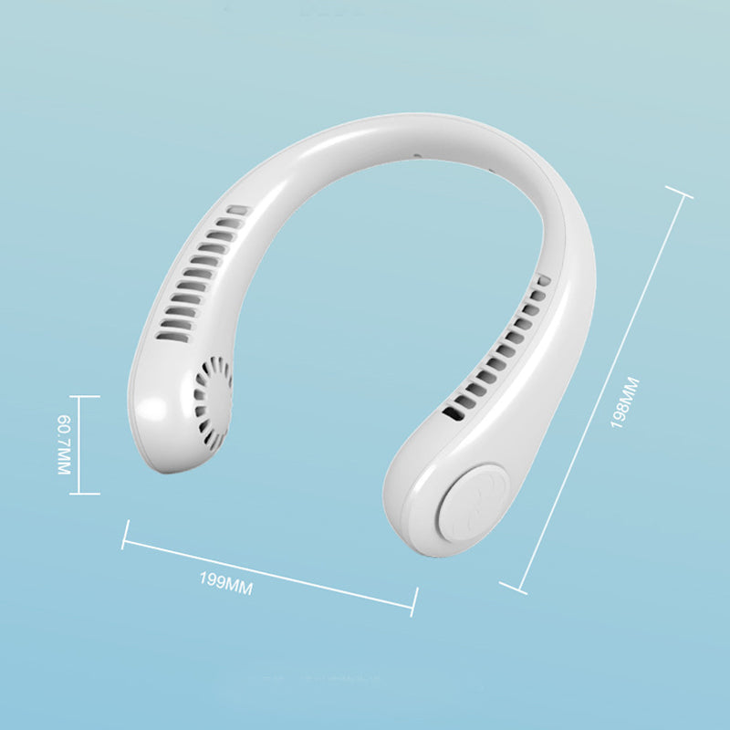 "Elegant, handsfri bärbar nackfläkt, tyst design, ger svalkande bris. Perfekt för sommarbruk, lätt och stilren."