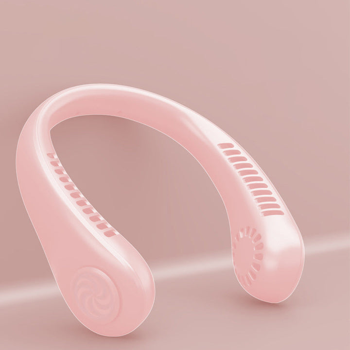 "Elegant, handsfri bärbar nackfläkt, tyst design, ger svalkande bris. Perfekt för sommarbruk, lätt och stilren."