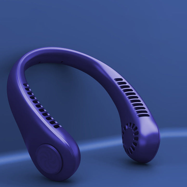 "Elegant, handsfri bärbar nackfläkt, tyst design, ger svalkande bris. Perfekt för sommarbruk, lätt och stilren."