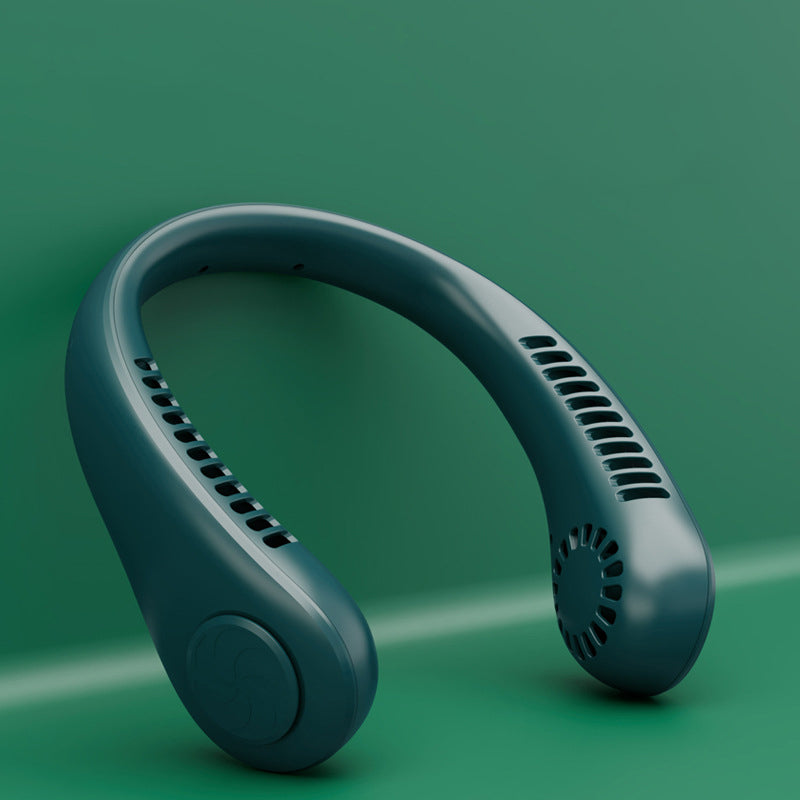 "Elegant, handsfri bärbar nackfläkt, tyst design, ger svalkande bris. Perfekt för sommarbruk, lätt och stilren."