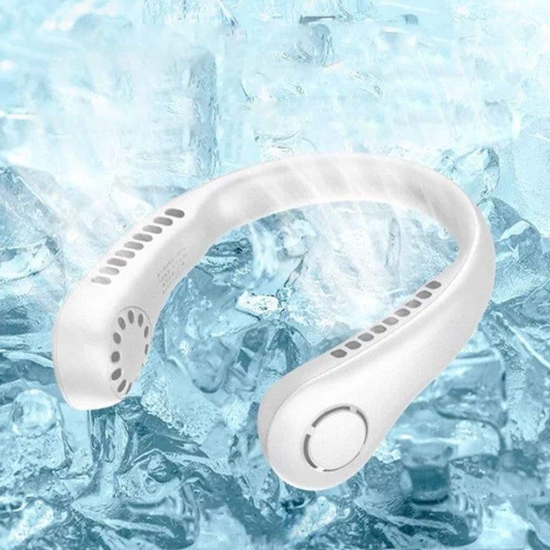 "Elegant, handsfri bärbar nackfläkt, tyst design, ger svalkande bris. Perfekt för sommarbruk, lätt och stilren."