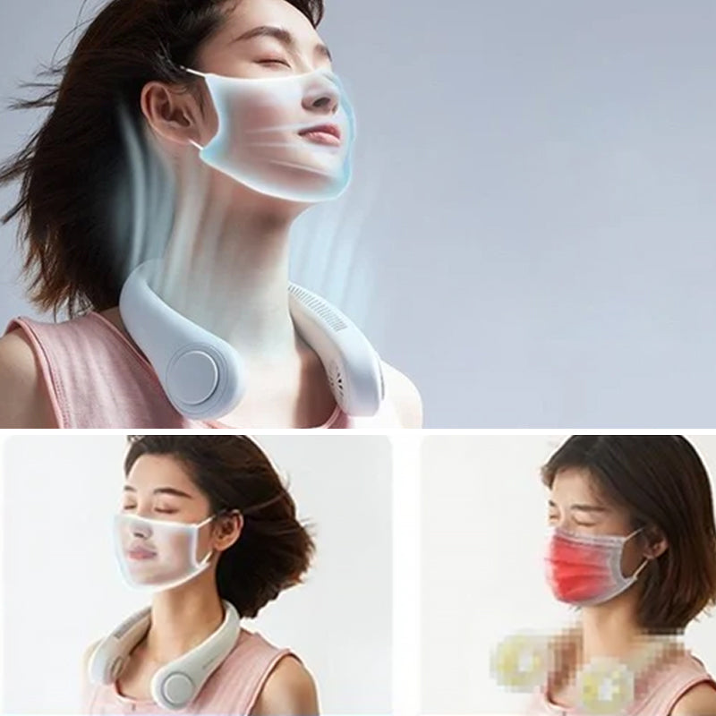 "Elegant, handsfri bärbar nackfläkt, tyst design, ger svalkande bris. Perfekt för sommarbruk, lätt och stilren."