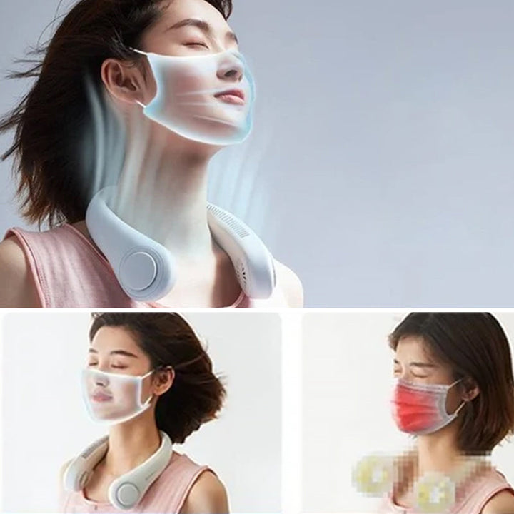 "Elegant, handsfri bärbar nackfläkt, tyst design, ger svalkande bris. Perfekt för sommarbruk, lätt och stilren."