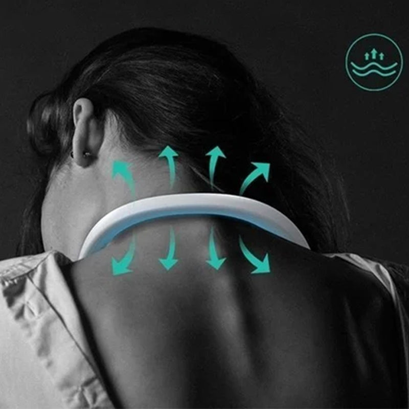 "Elegant, handsfri bärbar nackfläkt, tyst design, ger svalkande bris. Perfekt för sommarbruk, lätt och stilren."