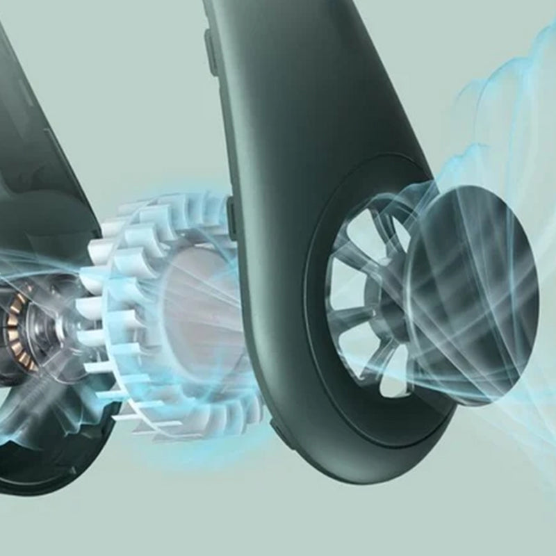 "Elegant, handsfri bärbar nackfläkt, tyst design, ger svalkande bris. Perfekt för sommarbruk, lätt och stilren."