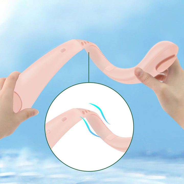 "Elegant, handsfri bärbar nackfläkt, tyst design, ger svalkande bris. Perfekt för sommarbruk, lätt och stilren."