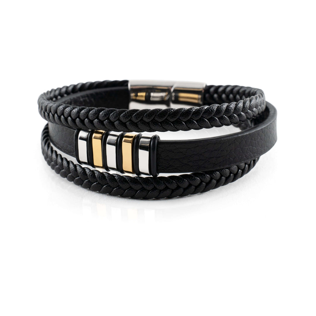 "Elegant herrarmband i svart och guld läder med sofistikerade detaljer, perfekt för stil och komfort."