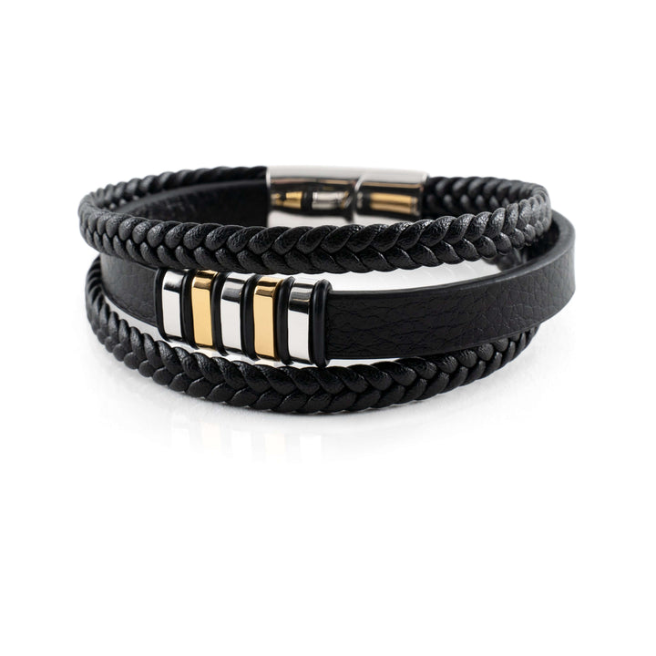 "Elegant herrarmband i svart och guld läder med sofistikerade detaljer, perfekt för stil och komfort."