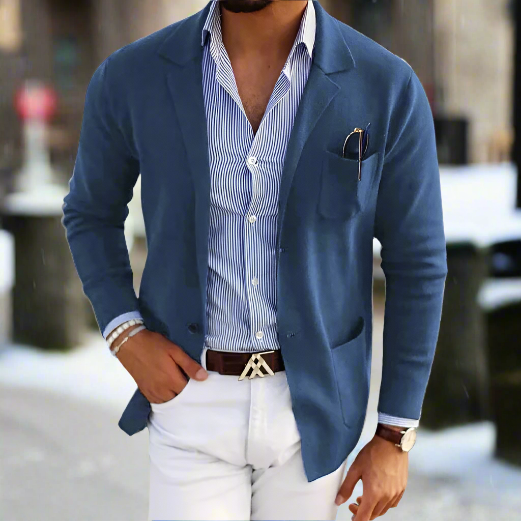"Elegant herrkavaj slim fit, enkelknäppt med notch-slag, perfekt för affärsmöten och fest, beige, svart, blå."