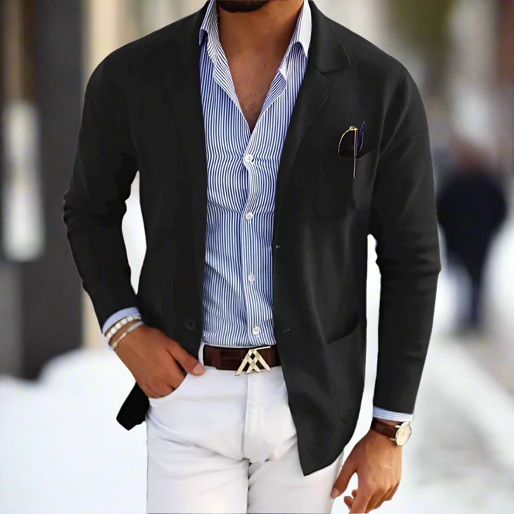 "Elegant herrkavaj slim fit, enkelknäppt med notch-slag, perfekt för affärsmöten och fest, beige, svart, blå."