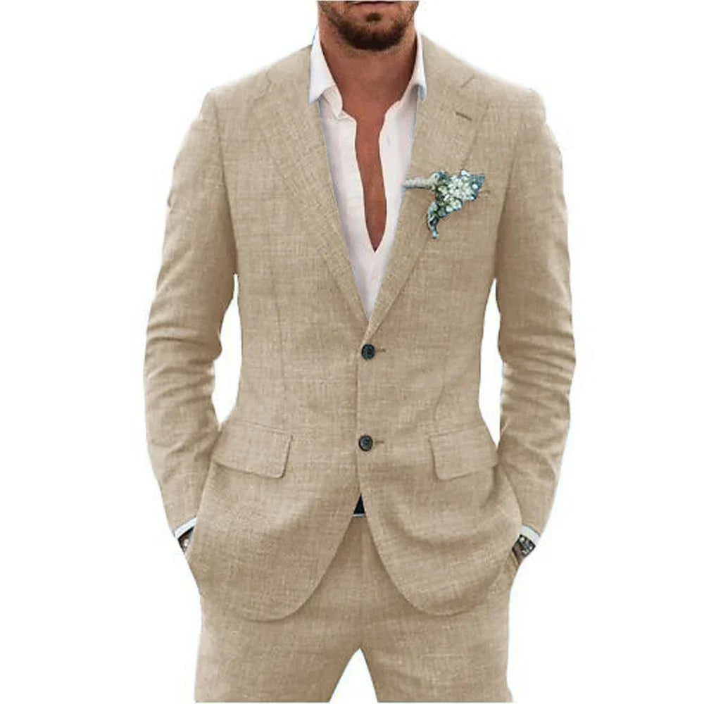 "Elegant herrkostym i slim fit linne, perfekt för bröllop och fester, i andningsbart material för stil och komfort."
