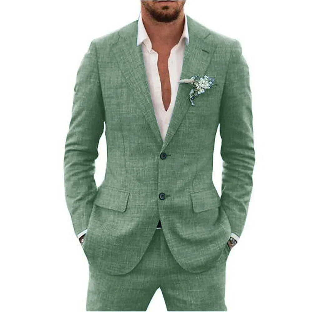 "Elegant herrkostym i slim fit linne, perfekt för bröllop och fester, i andningsbart material för stil och komfort."