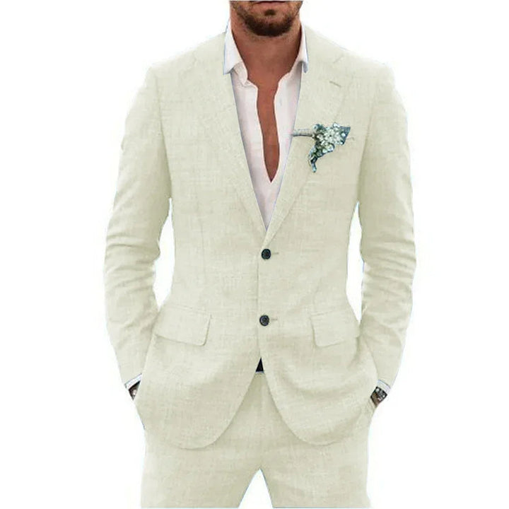 "Elegant herrkostym i slim fit linne, perfekt för bröllop och fester, i andningsbart material för stil och komfort."