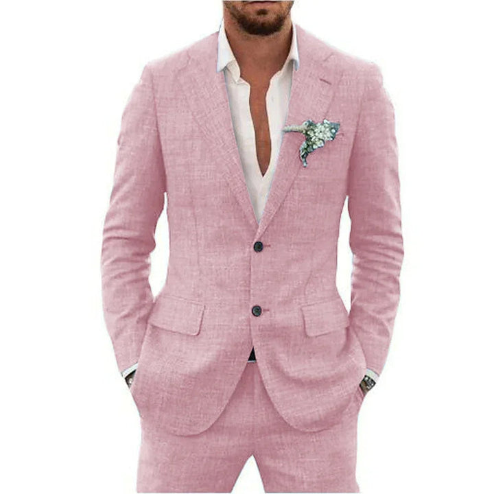 "Elegant herrkostym i slim fit linne, perfekt för bröllop och fester, i andningsbart material för stil och komfort."
