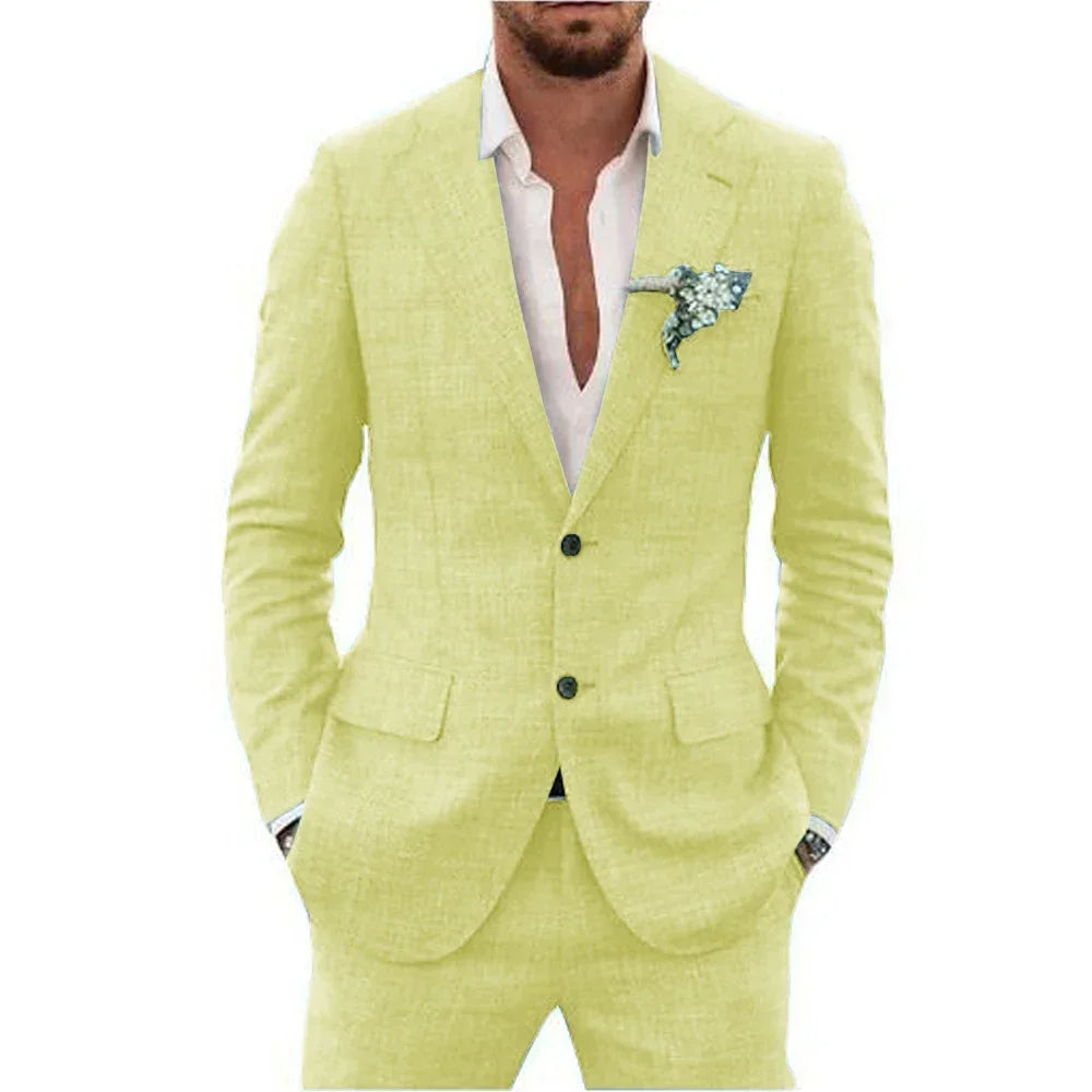 "Elegant herrkostym i slim fit linne, perfekt för bröllop och fester, i andningsbart material för stil och komfort."