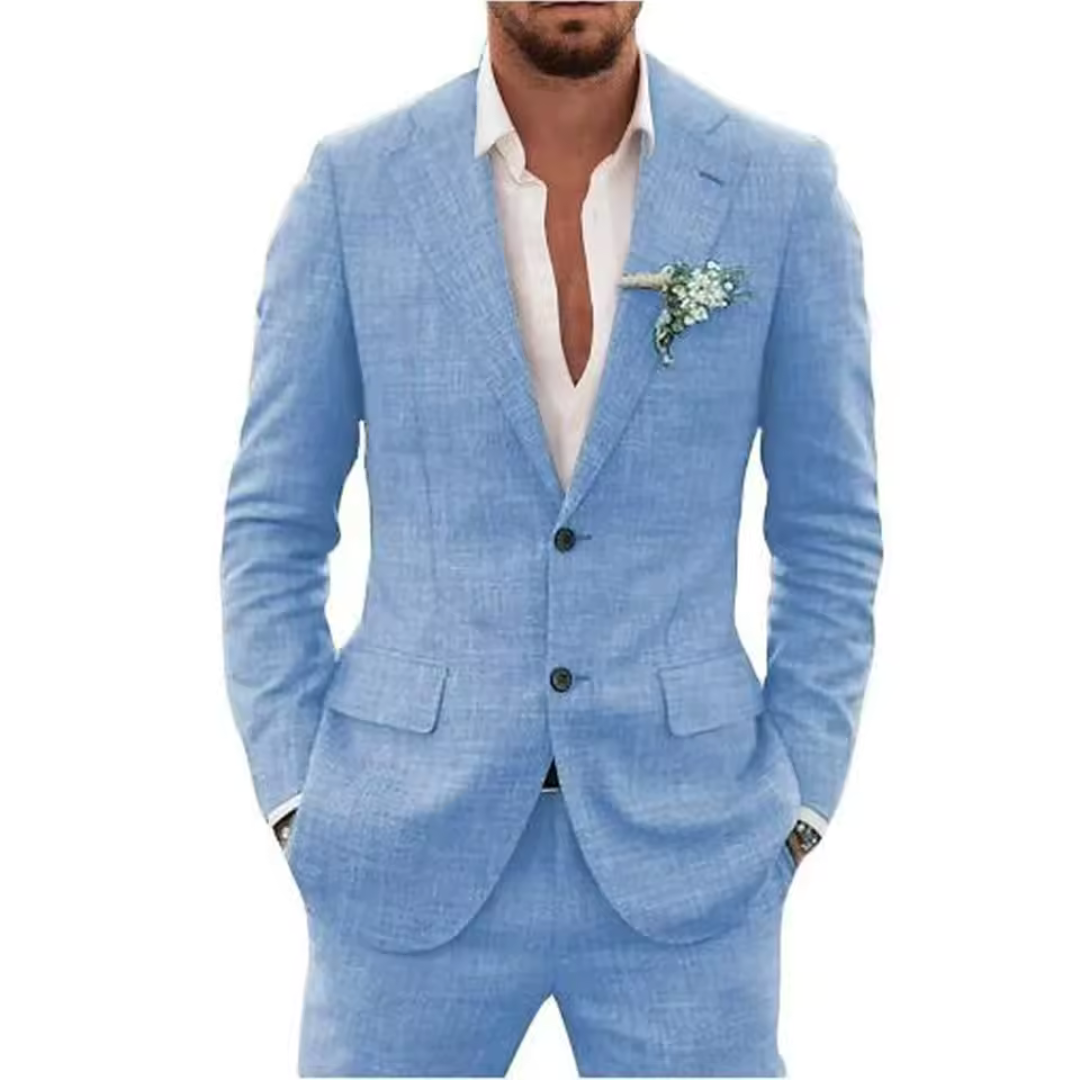 "Elegant herrkostym i slim fit linne, perfekt för bröllop och fester, i andningsbart material för stil och komfort."