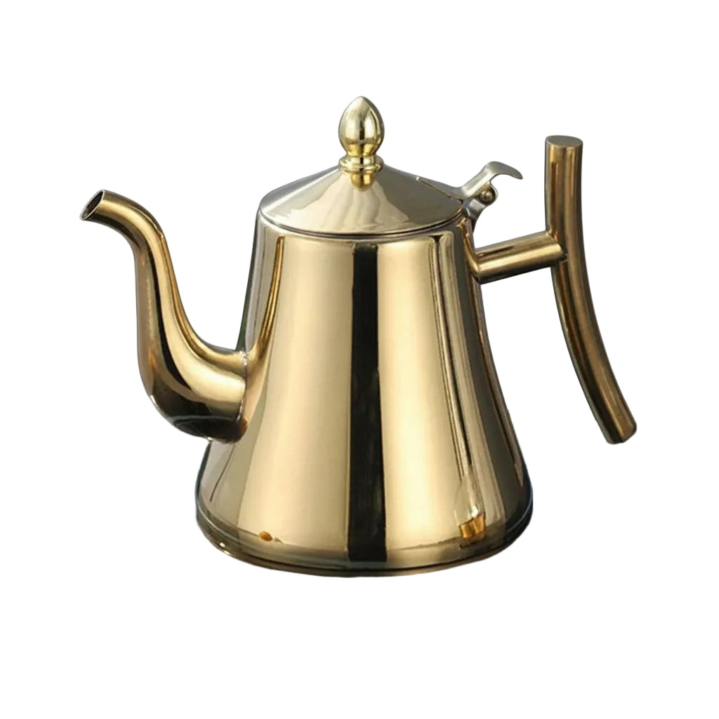 Elegant induktionsvattenkokare i rostfritt stål med guldfinish, modern design för snabb uppvärmning.