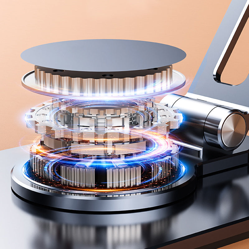 "Elegant, justerbar 360° tablett- och mobilhållare i aluminium med silikonskydd, perfekt för hem- och kontorsmiljöer."