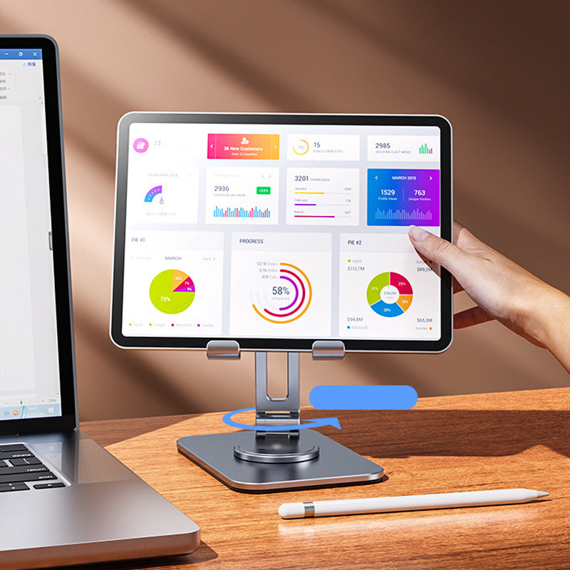 "Elegant, justerbar 360° tablett- och mobilhållare i aluminium med silikonskydd, perfekt för hem- och kontorsmiljöer."