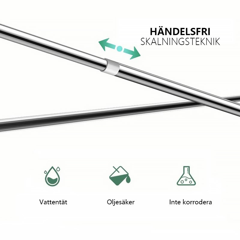 "Elegant justerbar teleskopstång i rostfritt stål med halksäkra gummihuvuden för klädförvaring, garderober och skostativ."