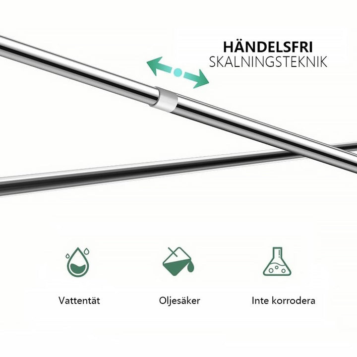 "Elegant justerbar teleskopstång i rostfritt stål med halksäkra gummihuvuden för klädförvaring, garderober och skostativ."