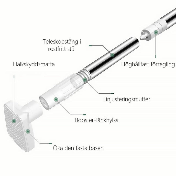 "Elegant justerbar teleskopstång i rostfritt stål med halksäkra gummihuvuden för klädförvaring, garderober och skostativ."
