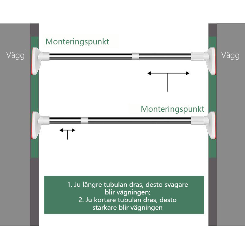"Elegant justerbar teleskopstång i rostfritt stål med halksäkra gummihuvuden för klädförvaring, garderober och skostativ."