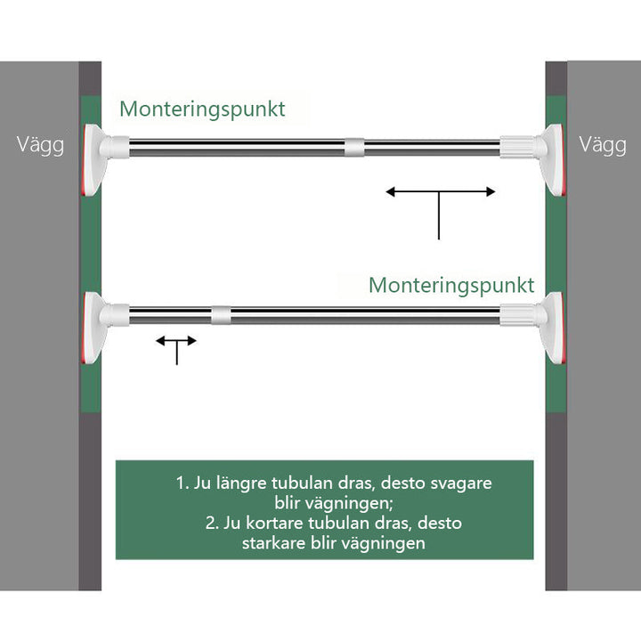 "Elegant justerbar teleskopstång i rostfritt stål med halksäkra gummihuvuden för klädförvaring, garderober och skostativ."