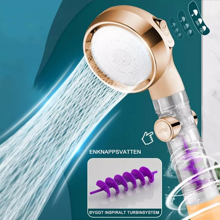 "Elegant justerbart duschmunstycke i guld/silver med högtrycksvattenbesparing och tre lägen för skräddarsydd duschupplevelse.