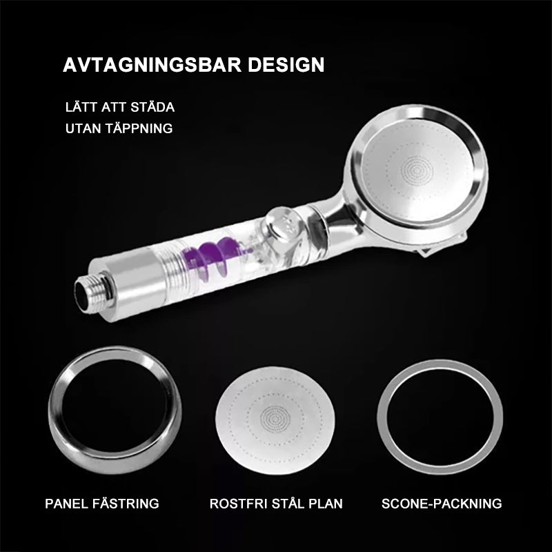 "Elegant justerbart duschmunstycke i guld/silver med högtrycksvattenbesparing och tre lägen för skräddarsydd duschupplevelse.